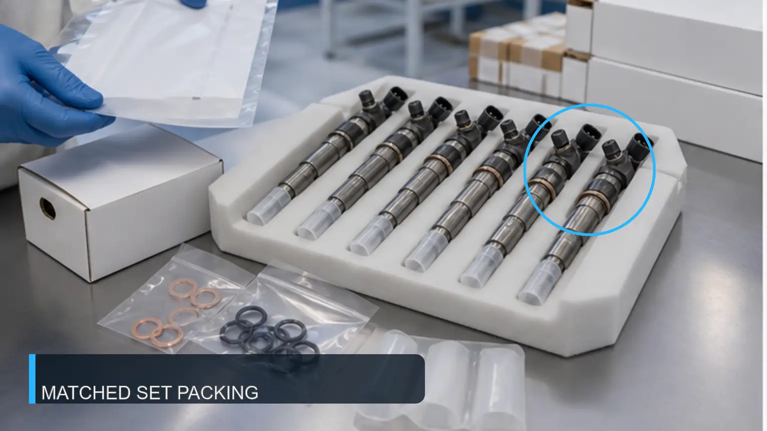 Matched heavy-duty diesel injector set packed with new seals and protective caps