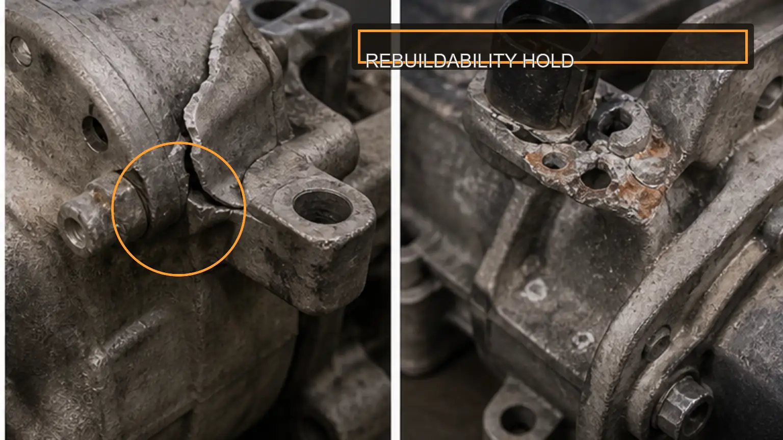 Cracked casting and corroded connector used to classify a heavy-duty core return
