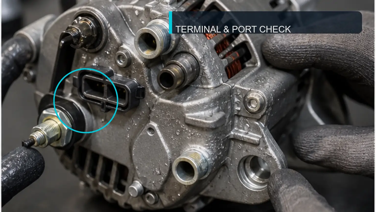 Heavy-duty alternator terminals, connector, cooling ports, and mounting ears inspected