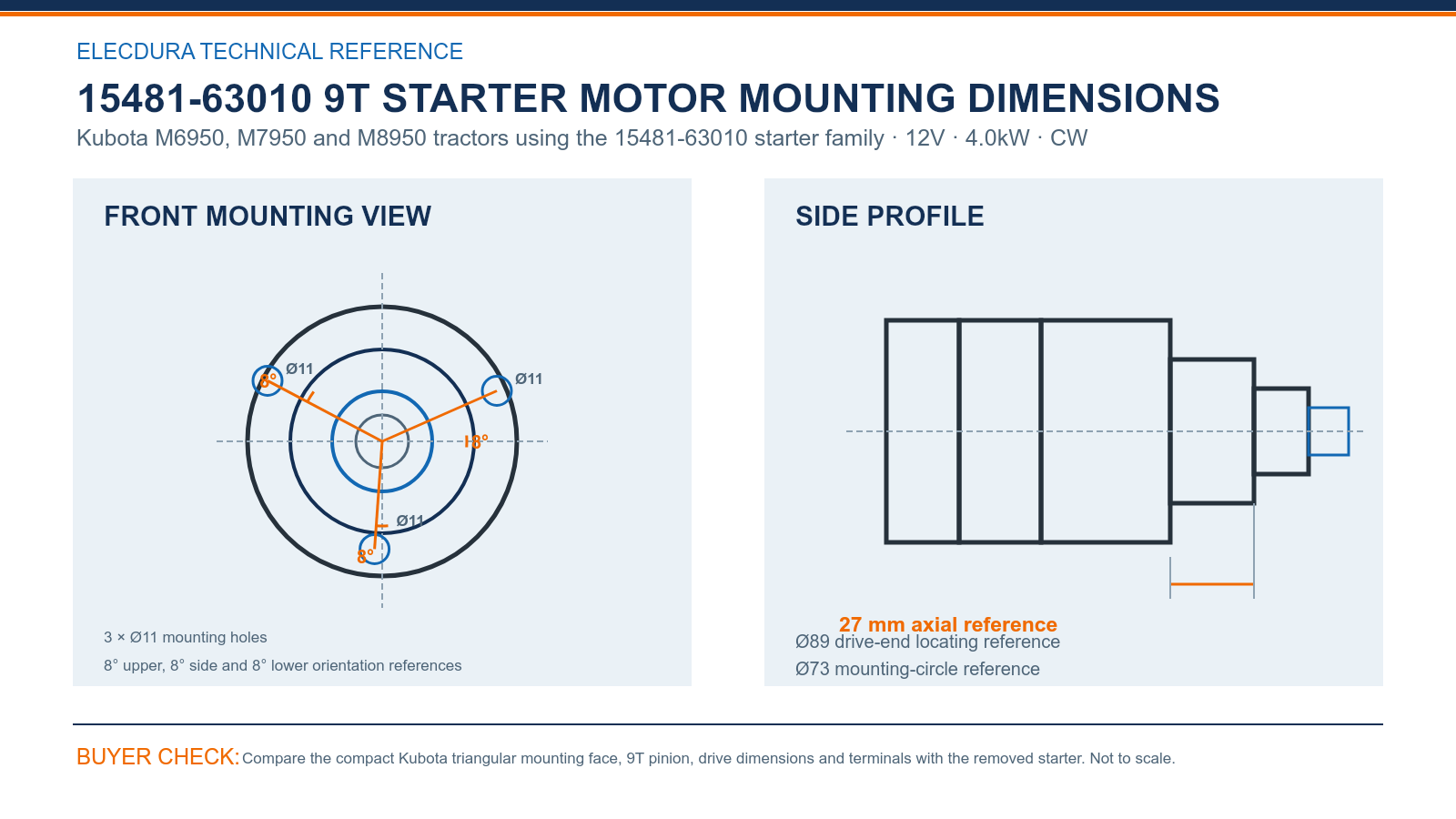 15481-63010 Kubota 12V 4.0kW 9T starter mounting dimensions