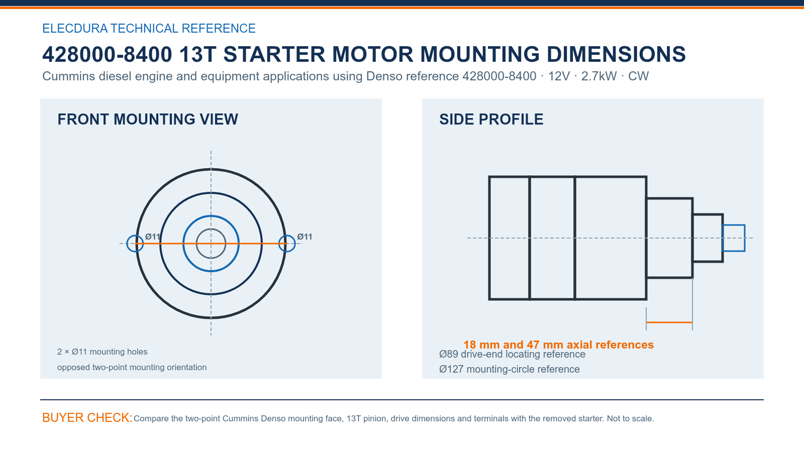 428000-8400 Cummins 12V 2.7kW 13T starter mounting dimensions