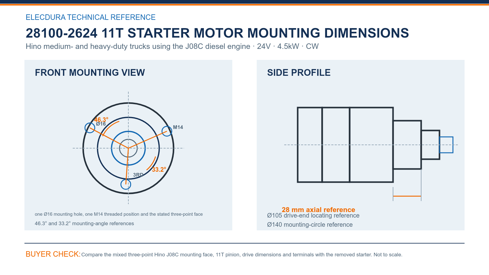 28100-2624 Hino 24V 4.5kW 11T starter mounting dimensions