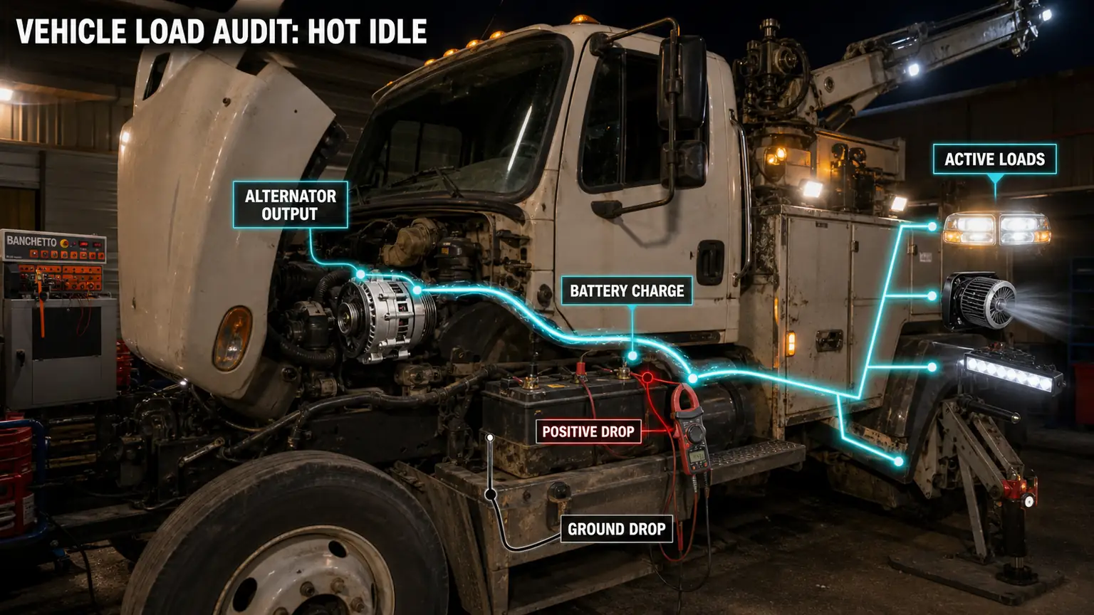 Heavy-duty truck hot-idle load audit tracing alternator output, battery charging and active electrical loads