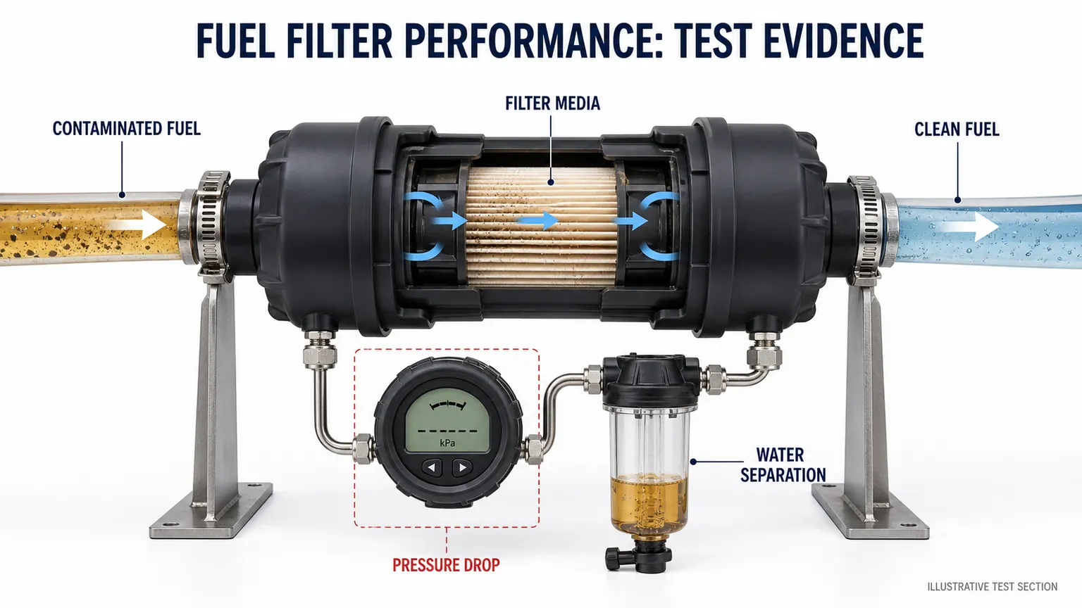 Fuel filter performance test bench showing media flow, pressure drop and water separation checks