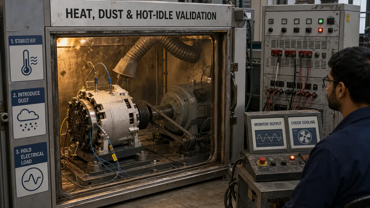 Alternator heat, dust and hot-idle validation inside a realistic environmental test chamber