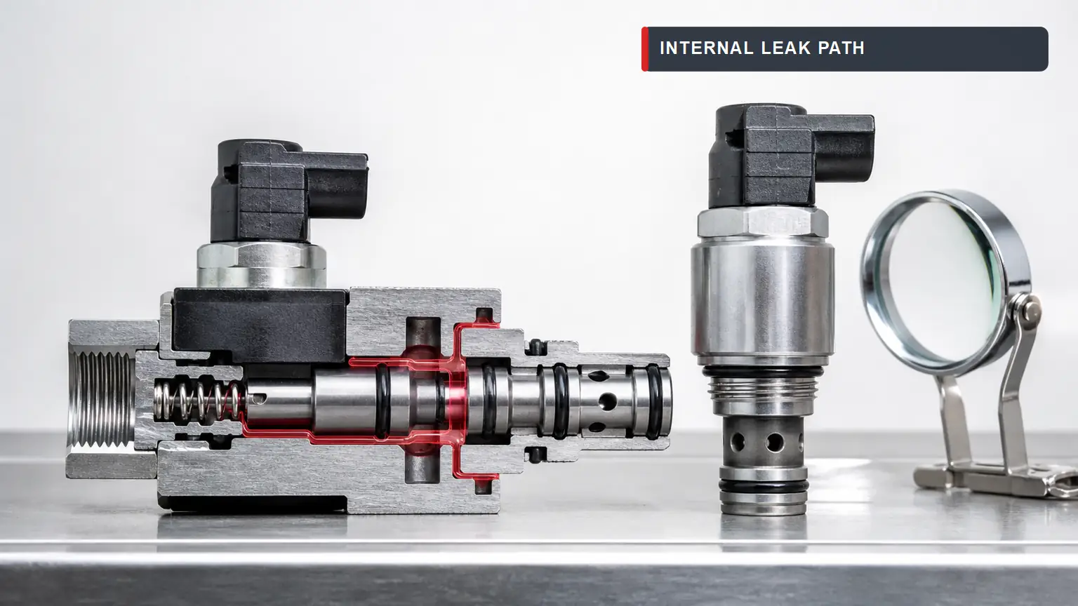 Sectioned hydraulic solenoid valve showing spool, seat, spring, O-rings and a highlighted internal leakage path