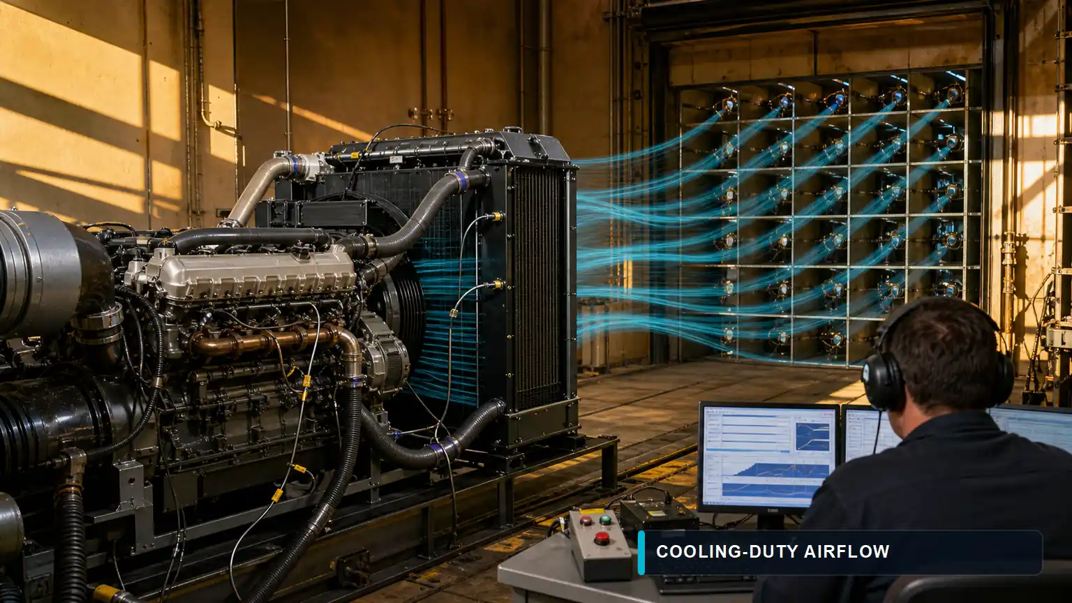 Diesel engine cooling-system test cell measuring radiator airflow, coolant temperature and fan-clutch speed feedback