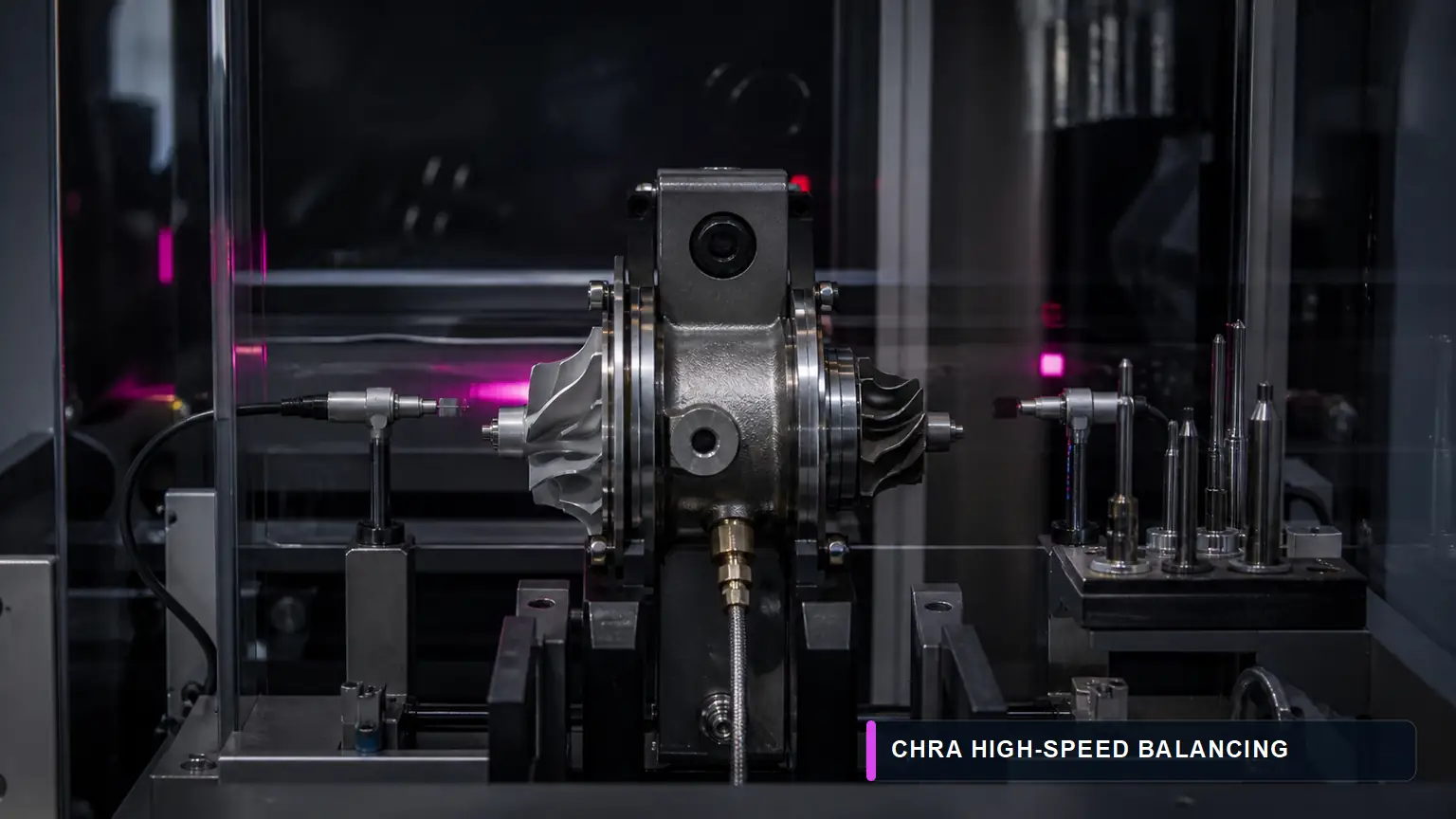 Turbocharger center housing rotating assembly in a guarded high-speed balancing machine with vibration sensors