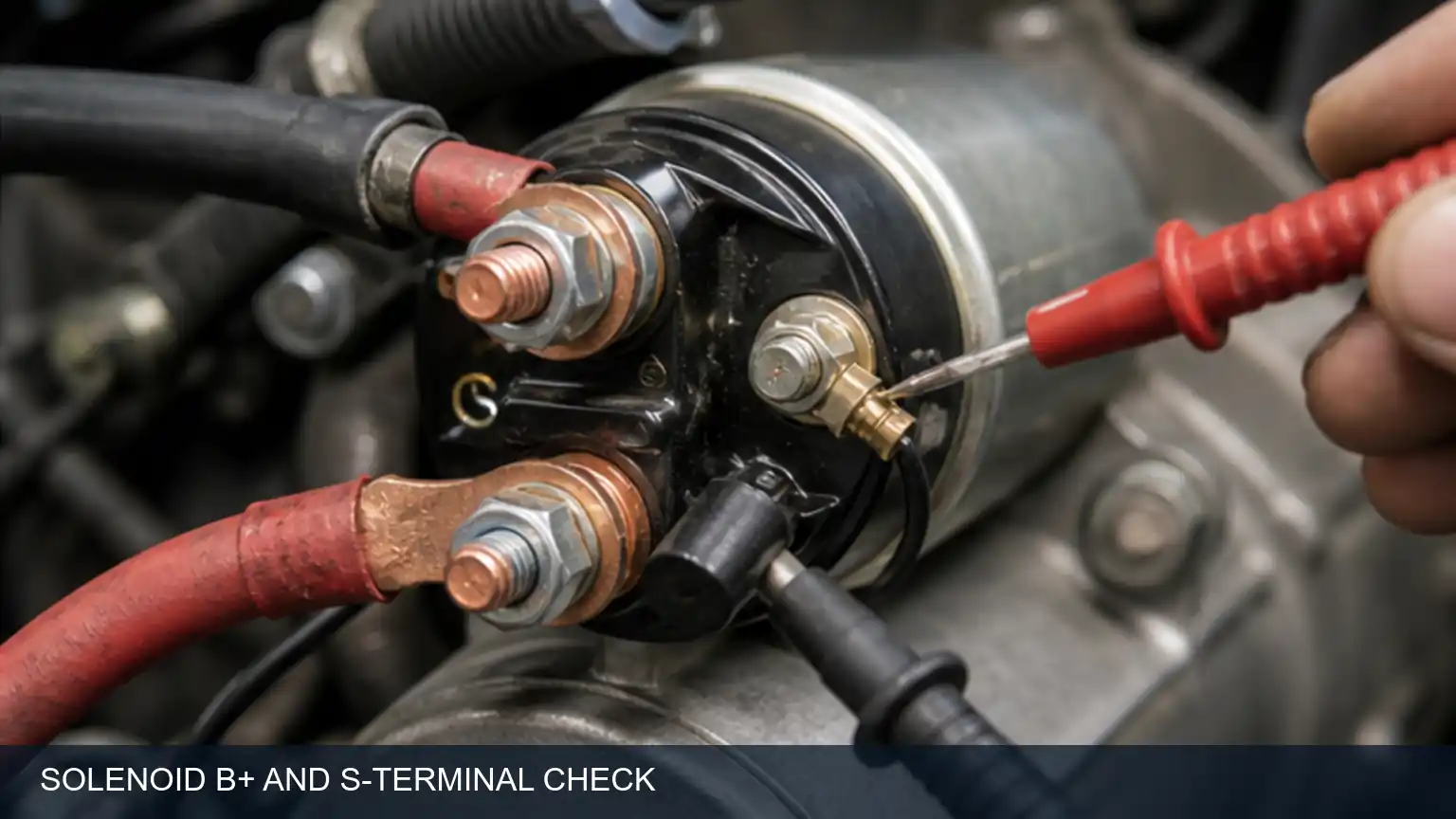 Heavy-duty starter solenoid terminal test identifying B+, motor and command connections during diagnosis