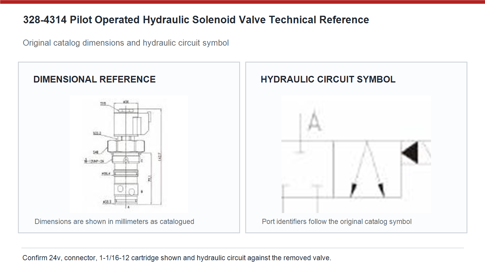 328-4314 Caterpillar pilot operated hydraulic solenoid valve dimensions and hydraulic circuit diagram