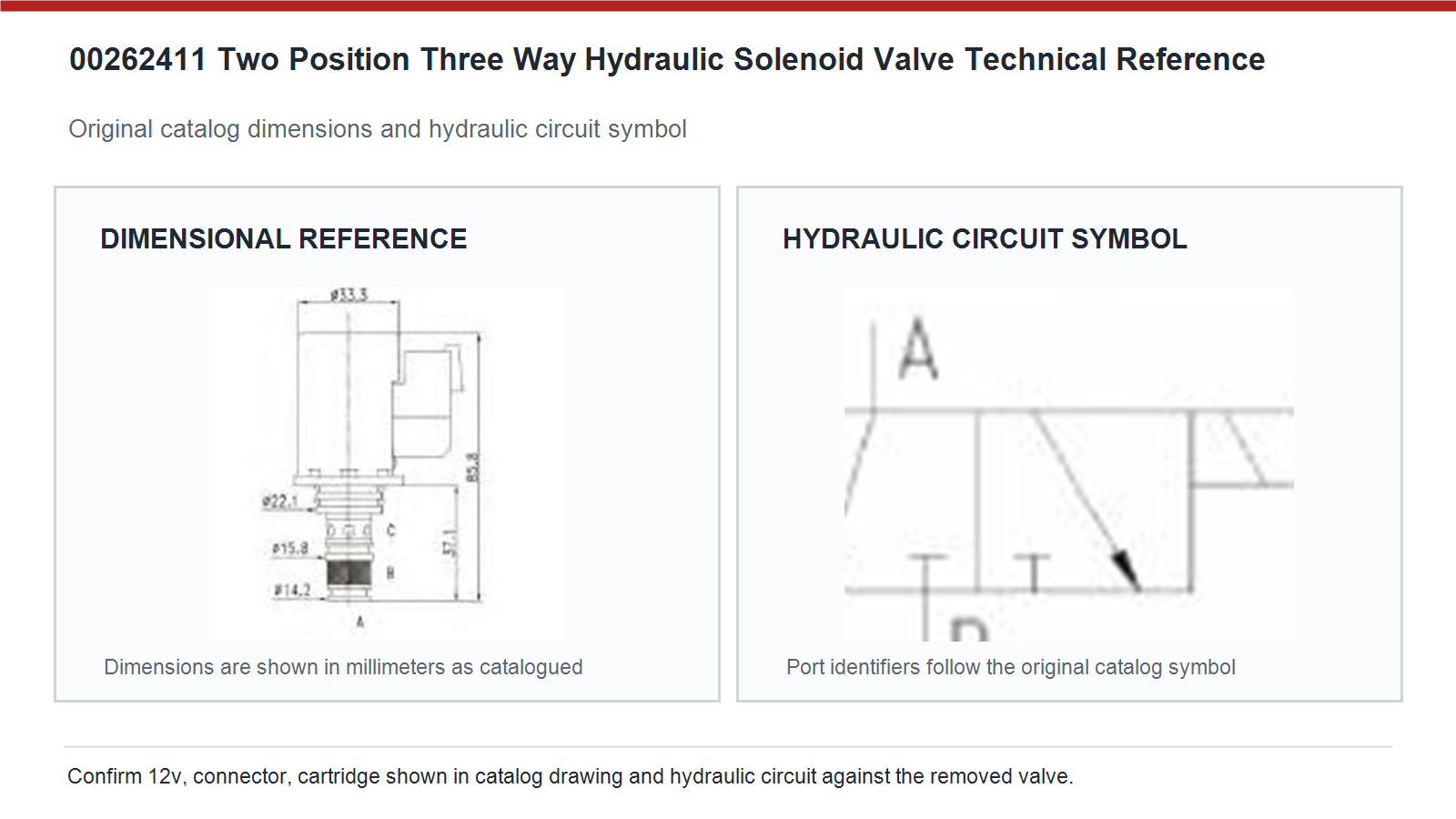 00262411 Caterpillar two position three way hydraulic solenoid valve dimensions and hydraulic circuit diagram