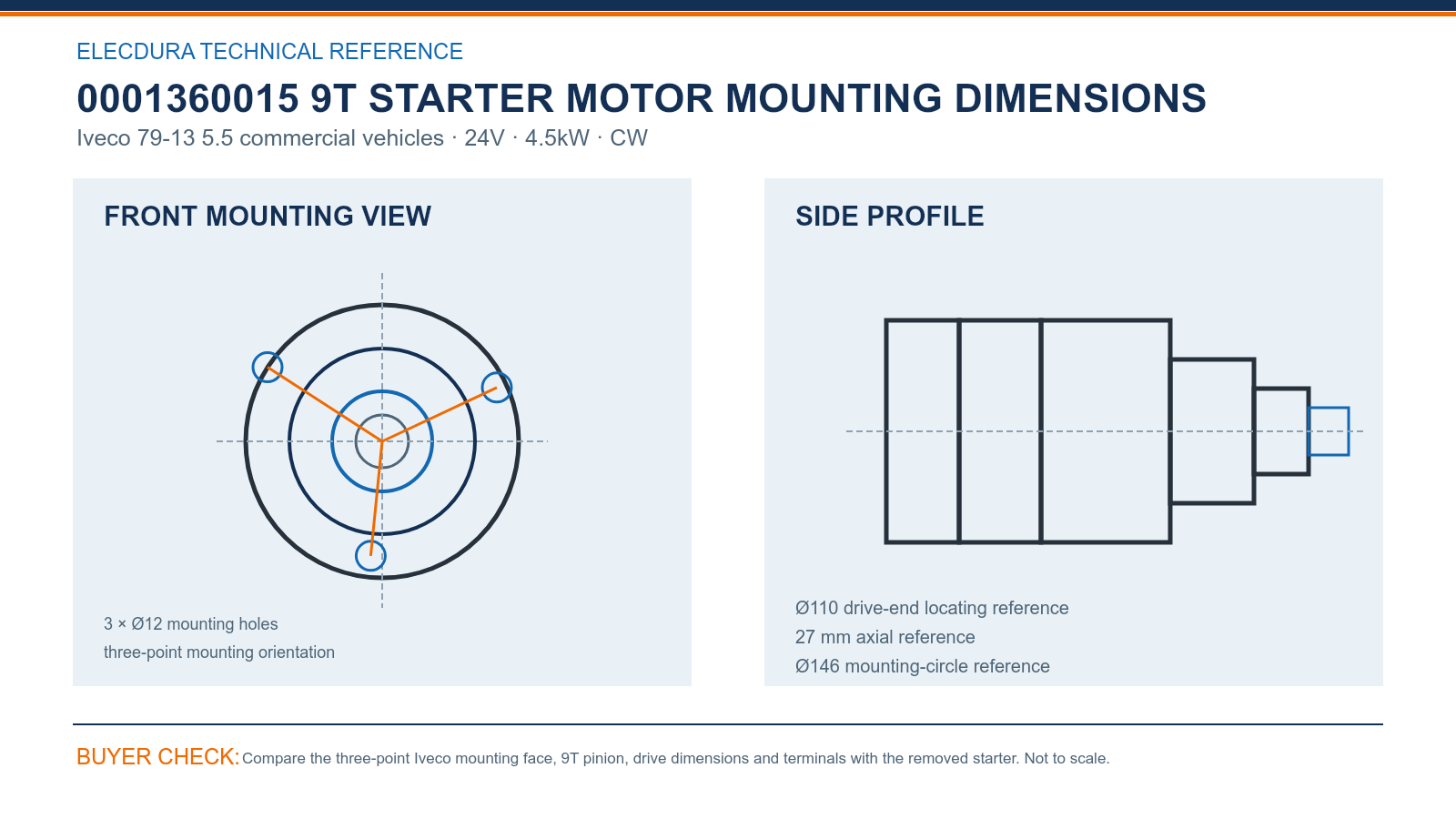 0001360015 Iveco 79-13 24V 4.5kW 9T starter mounting dimensions