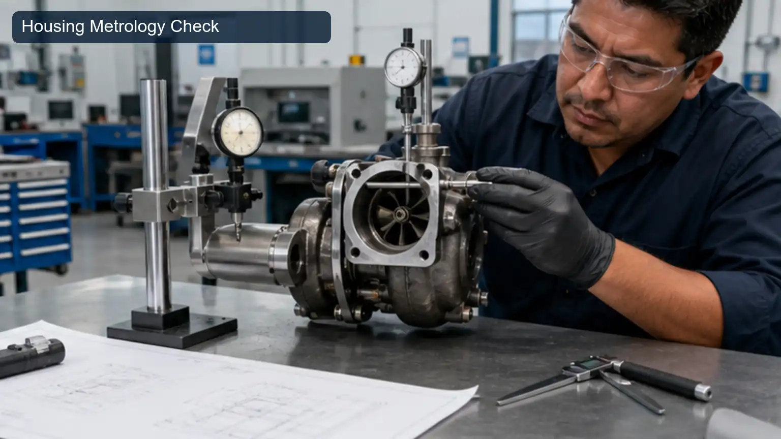 Housing Metrology Check for Top 20 Heavy-Duty Turbocharger Manufacturers in Mexico, shown as a photorealistic heavy-duty technical inspection view