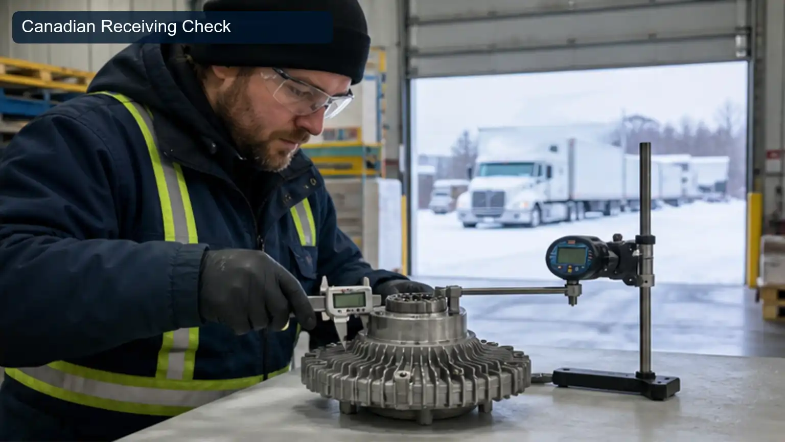Canadian Receiving Check for Top 20 Heavy-Duty Fan Clutch Manufacturers in Canada, shown as a photorealistic heavy-duty technical inspection view