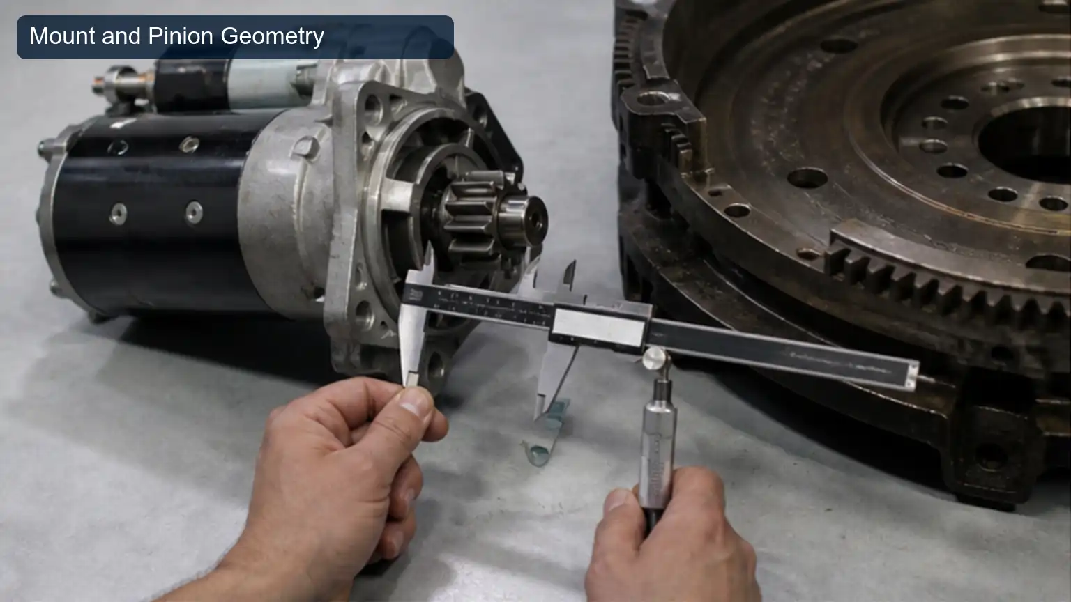 Mount and Pinion Geometry for Heavy-Duty Starter Pinion and Ring-Gear Engagement Inspection, shown as a photorealistic heavy-duty technical inspection view