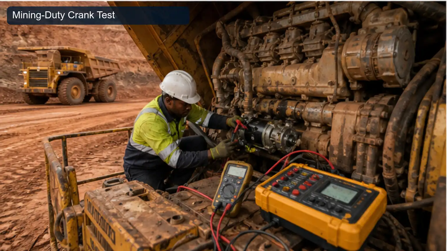 Mining-Duty Crank Test for Top 20 Heavy-Duty Starter Motor Manufacturers in South Africa, shown as a photorealistic heavy-duty technical inspection view