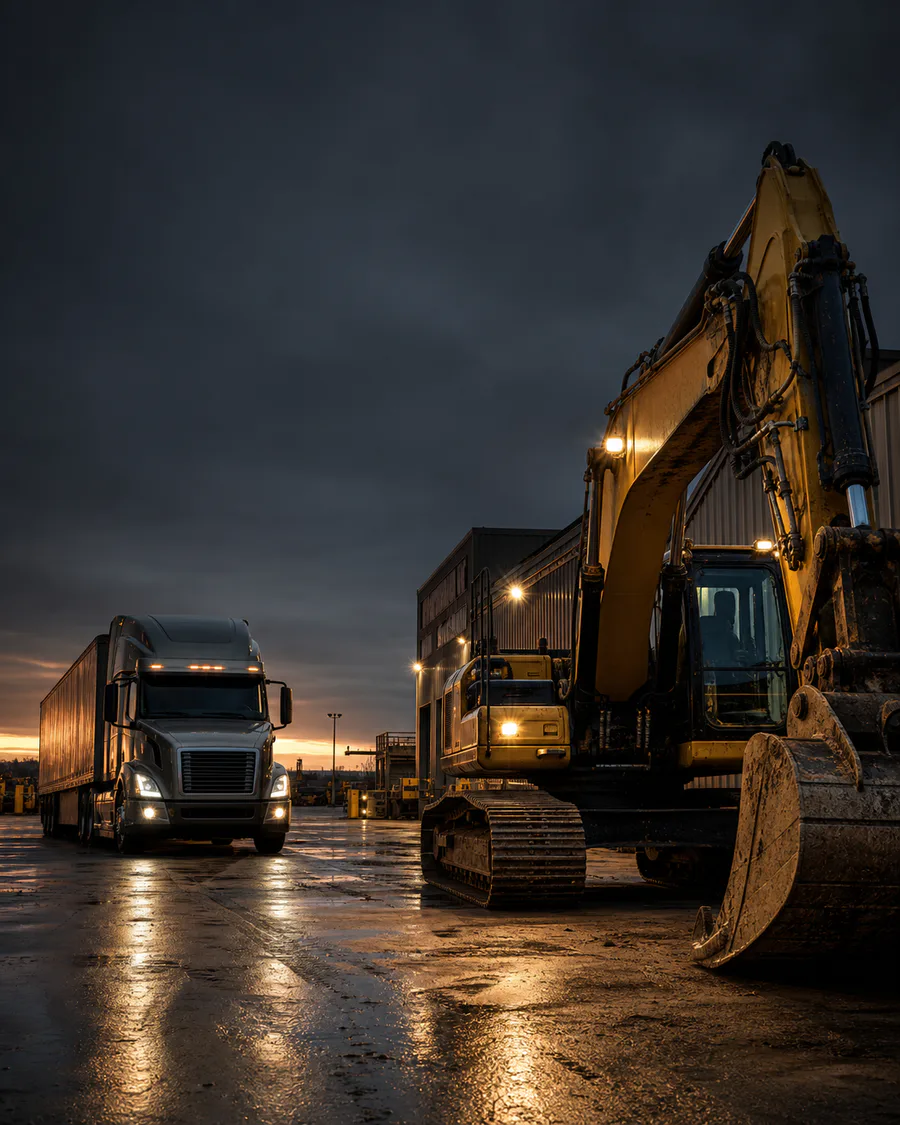 Commercial truck and excavator representing fleet and equipment parts buyers