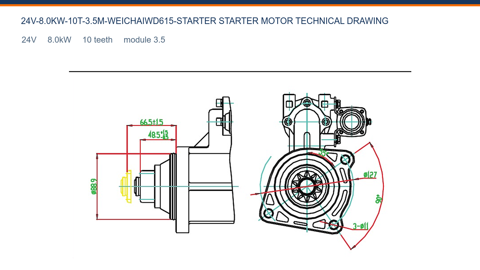 WEICHAI WD615 (mal&aacute; verze 10 zubů) 24V 8,0kW 10T start&eacute;r Weichai technick&yacute; v&yacute;kres 24V 8,0kW 10T