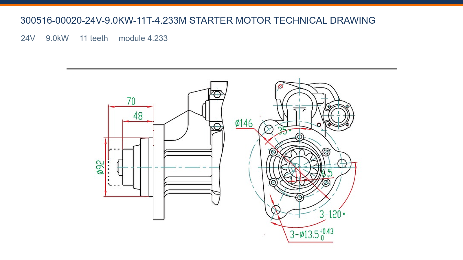300516-00020-24V-9.0KW-11T-4.233M Daewoo starter motor technical drawing 24V 9.0kW 11T