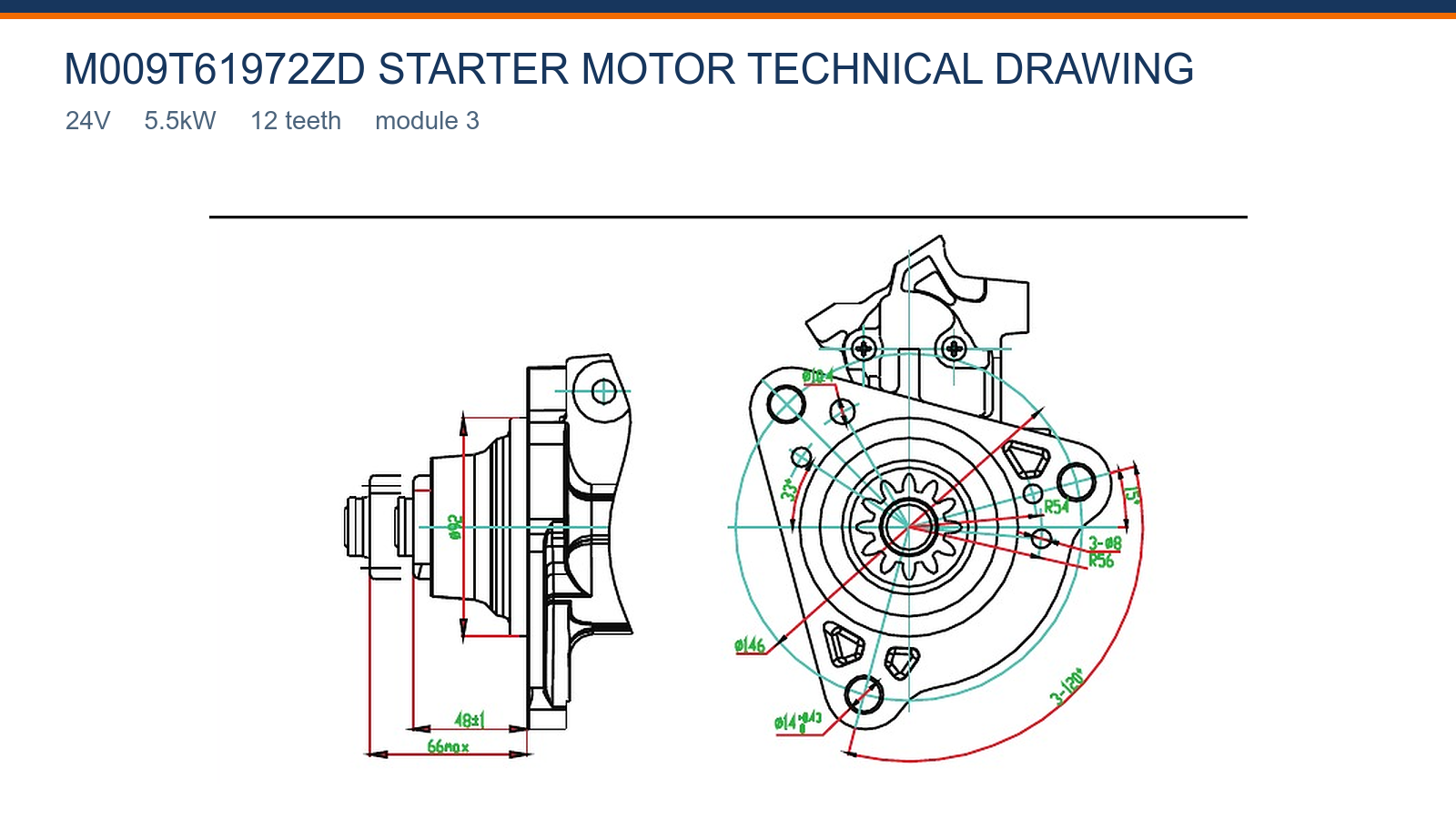 M009T61972ZD HOWO starter motor technical drawing 24V 5.5kW 12T