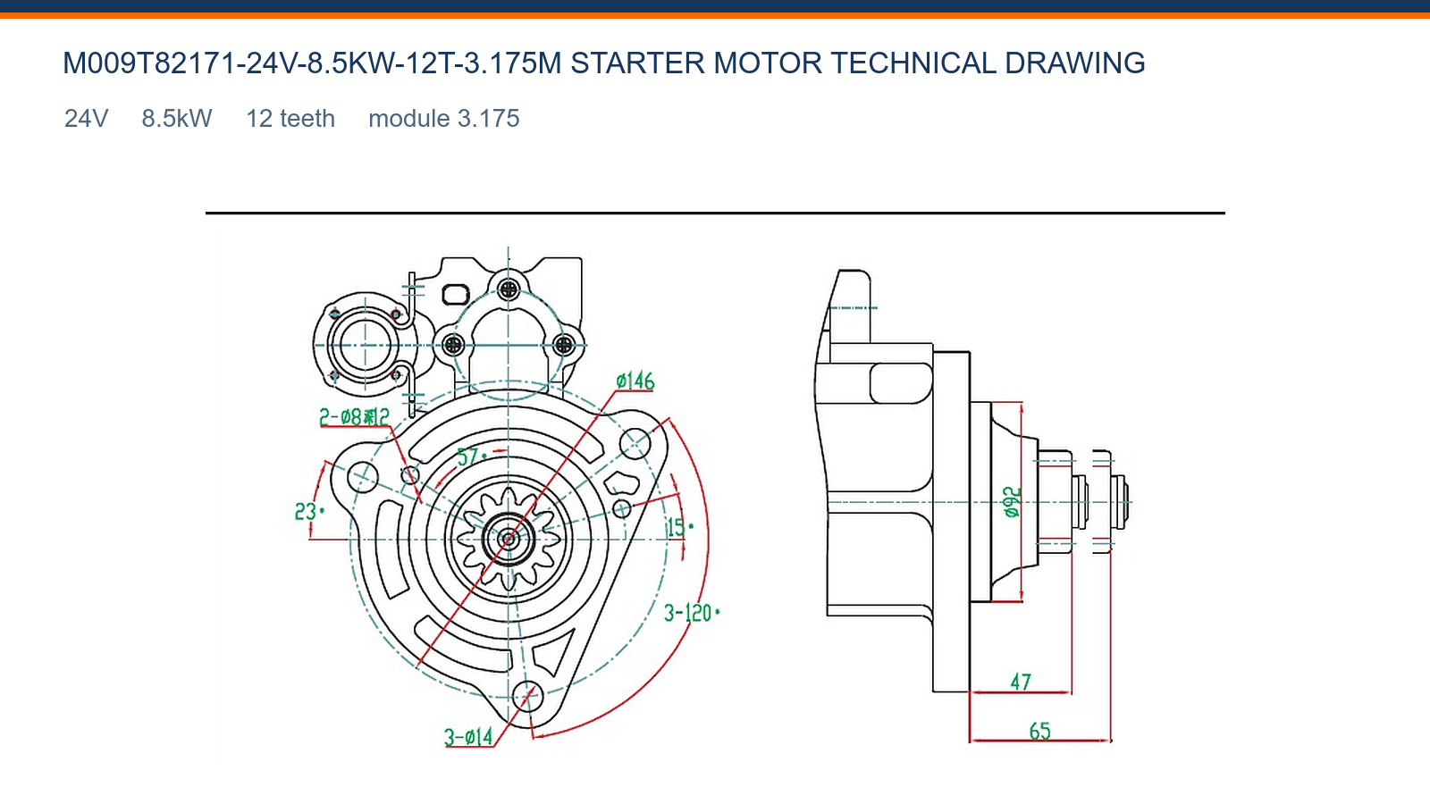 M009T82171-24V-8.5KW-12T-3.175M Volvo starter motor technical drawing 24V 8.5kW 12T