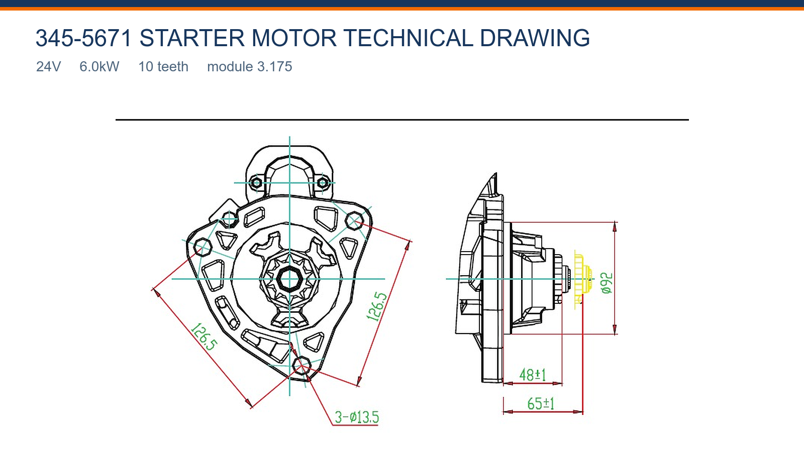 345-5671 Caterpillar starter motor technical drawing 24V 6.0kW 10T