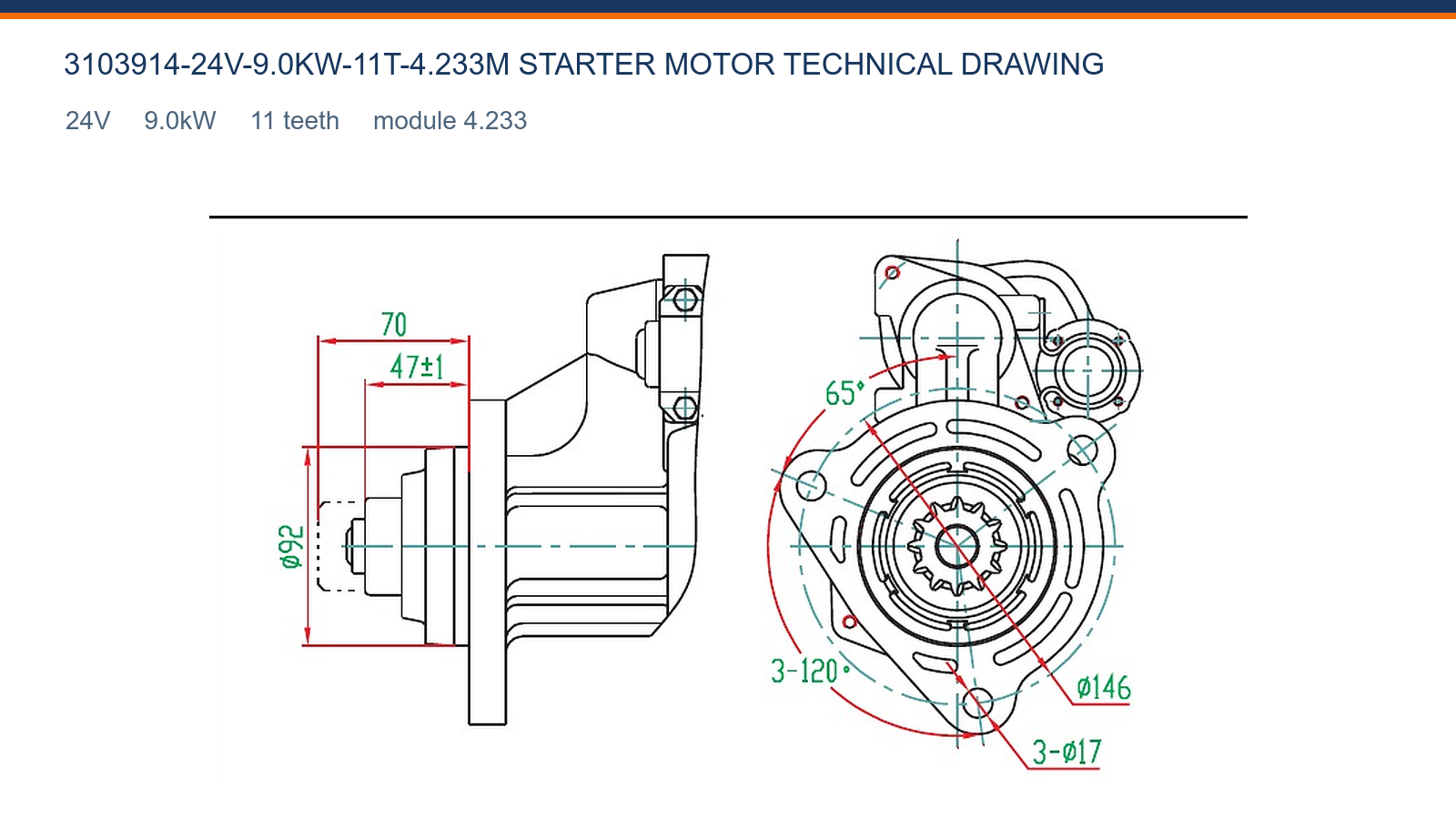 3103914-24V-9.0KW-11T-4.233M Cummins starter motor technical drawing 24V 9.0kW 11T