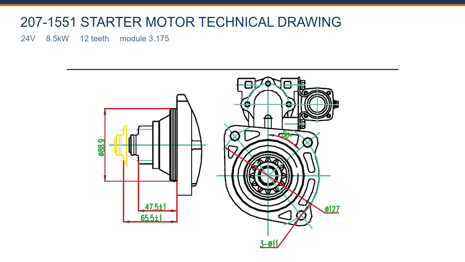 207-1551 Caterpillar starter motor technical drawing 24V 8.5kW 12T