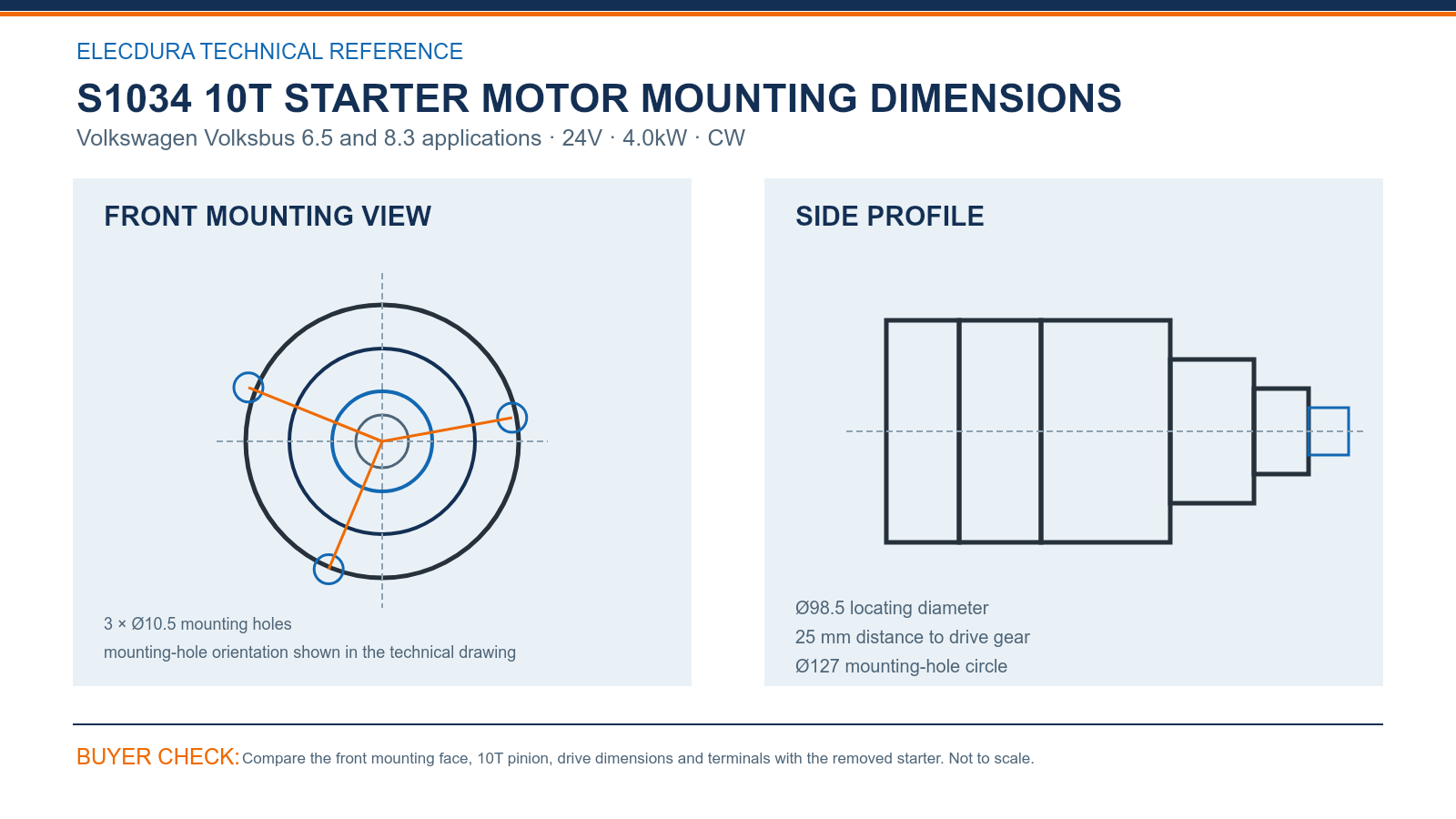 S1034 Volkswagen Volksbus 6.5 and 8.3 24V 4.0kW 10T starter mounting dimensions