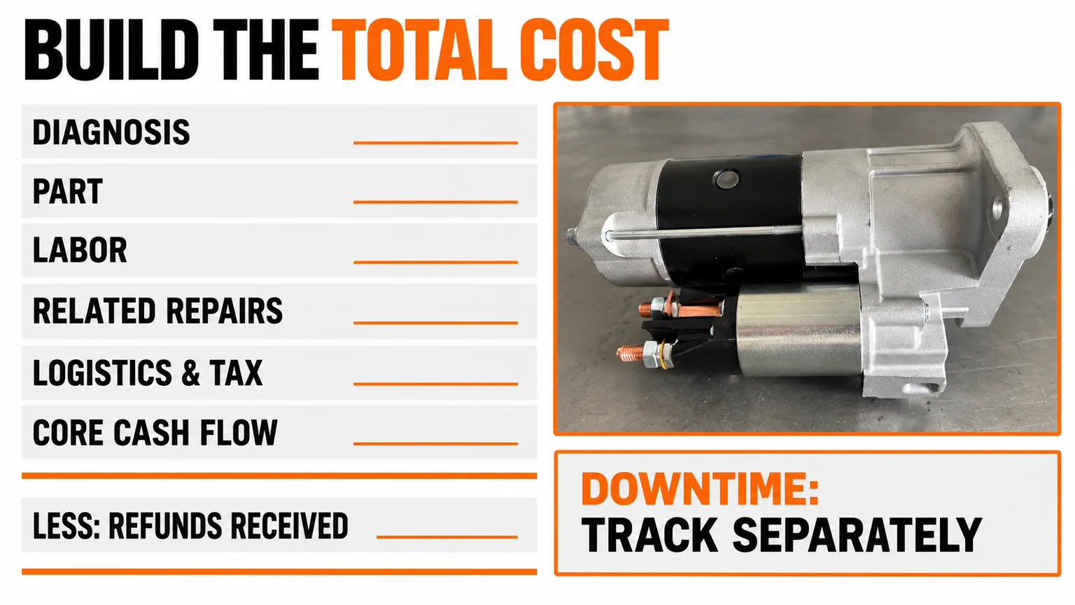 Cost categories, received refunds and separate downtime tracking for starter replacement.