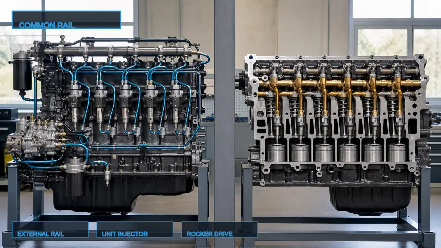 Heavy-duty common-rail fuel system compared with a rocker-actuated unit-injector cylinder-head architecture.