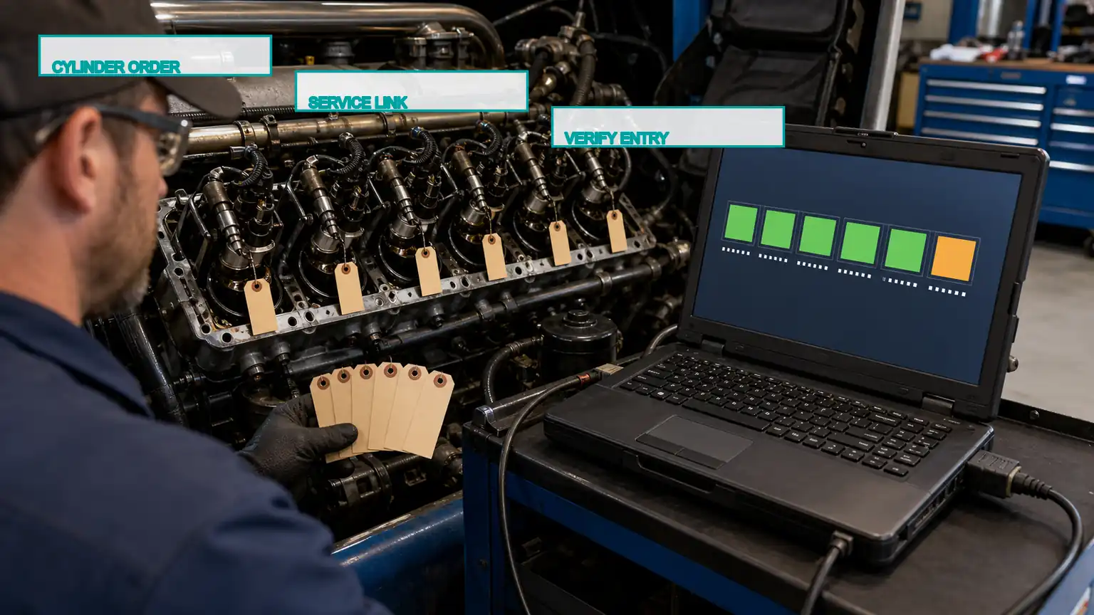 Six installed heavy-duty injectors being matched to cylinder positions through a connected diagnostic laptop.
