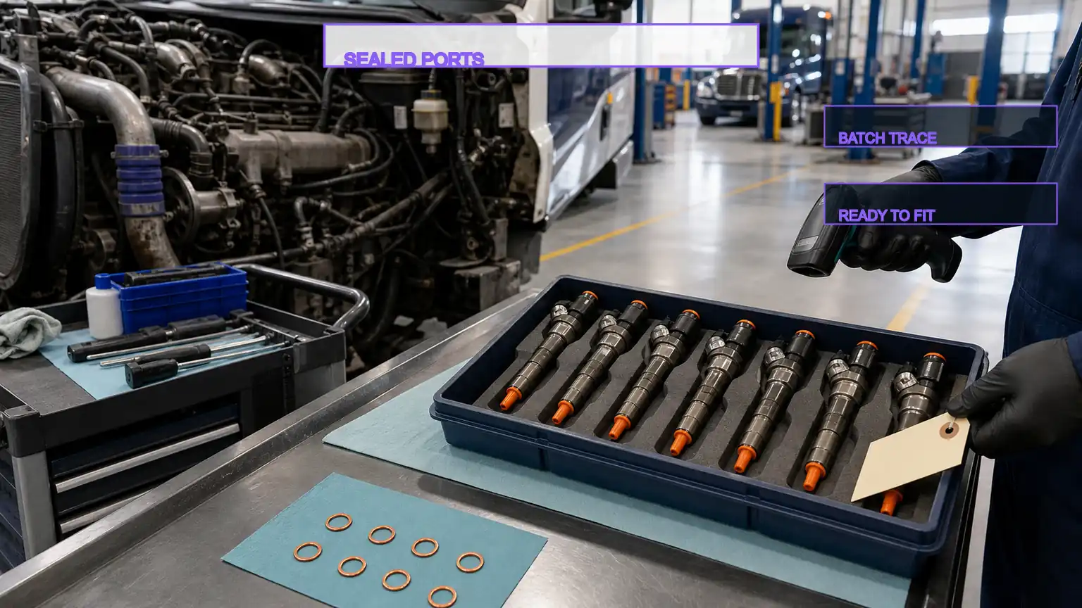 A protected diesel injector lot undergoing traceable receiving checks beside a heavy-duty engine awaiting installation.