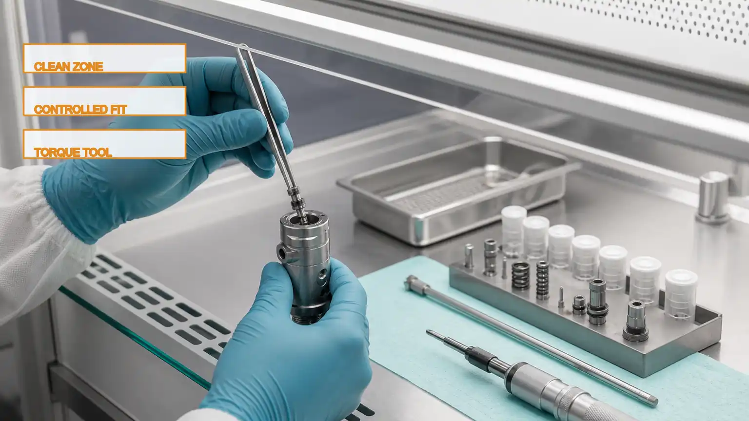 Technician rebuilding a heavy-duty diesel injector under a clean bench with protected precision components.