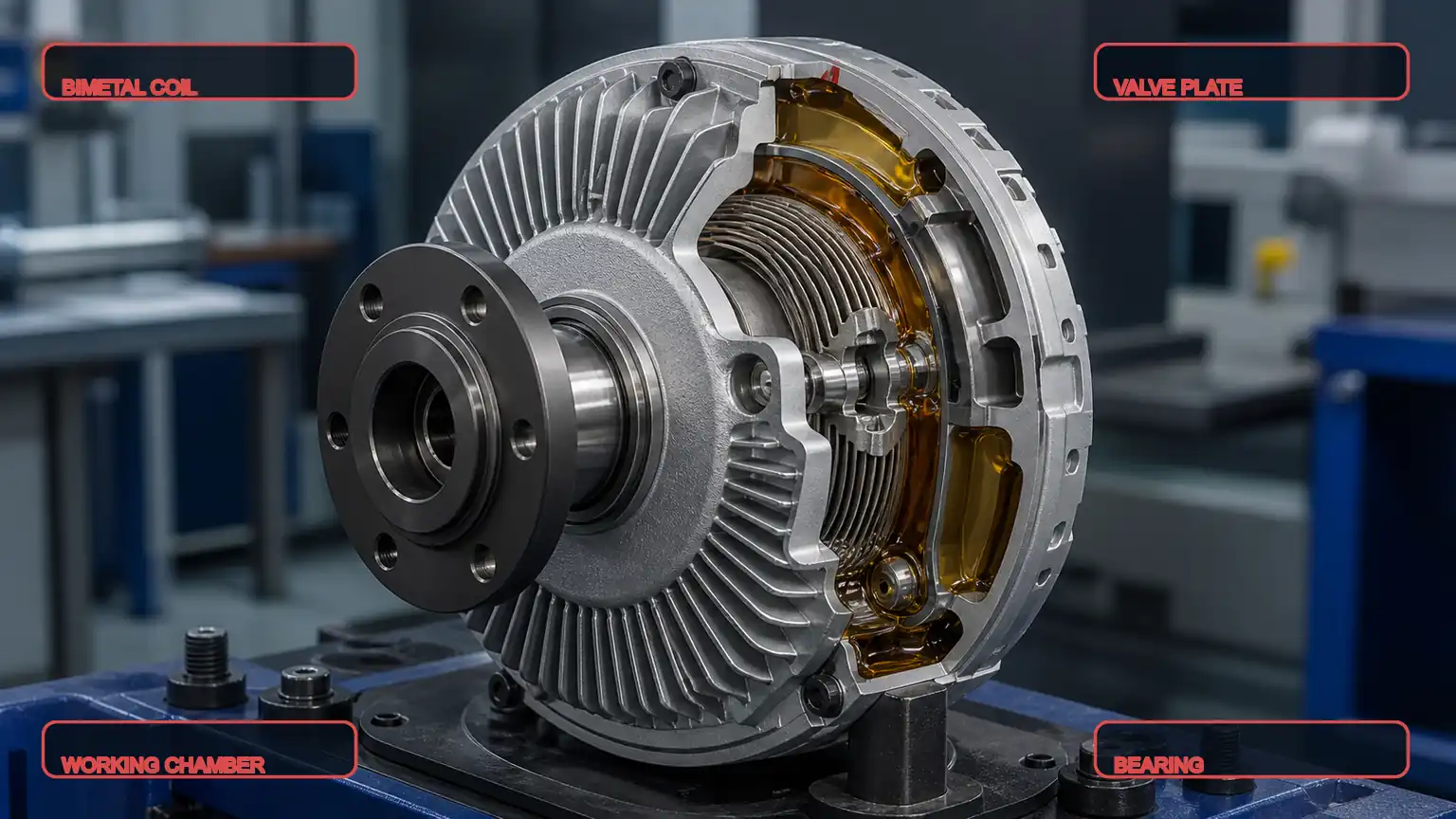 Photorealistic limited cutaway of a heavy-duty viscous fan clutch showing the bimetal coil, valve plate, fluid chamber, and bearing.
