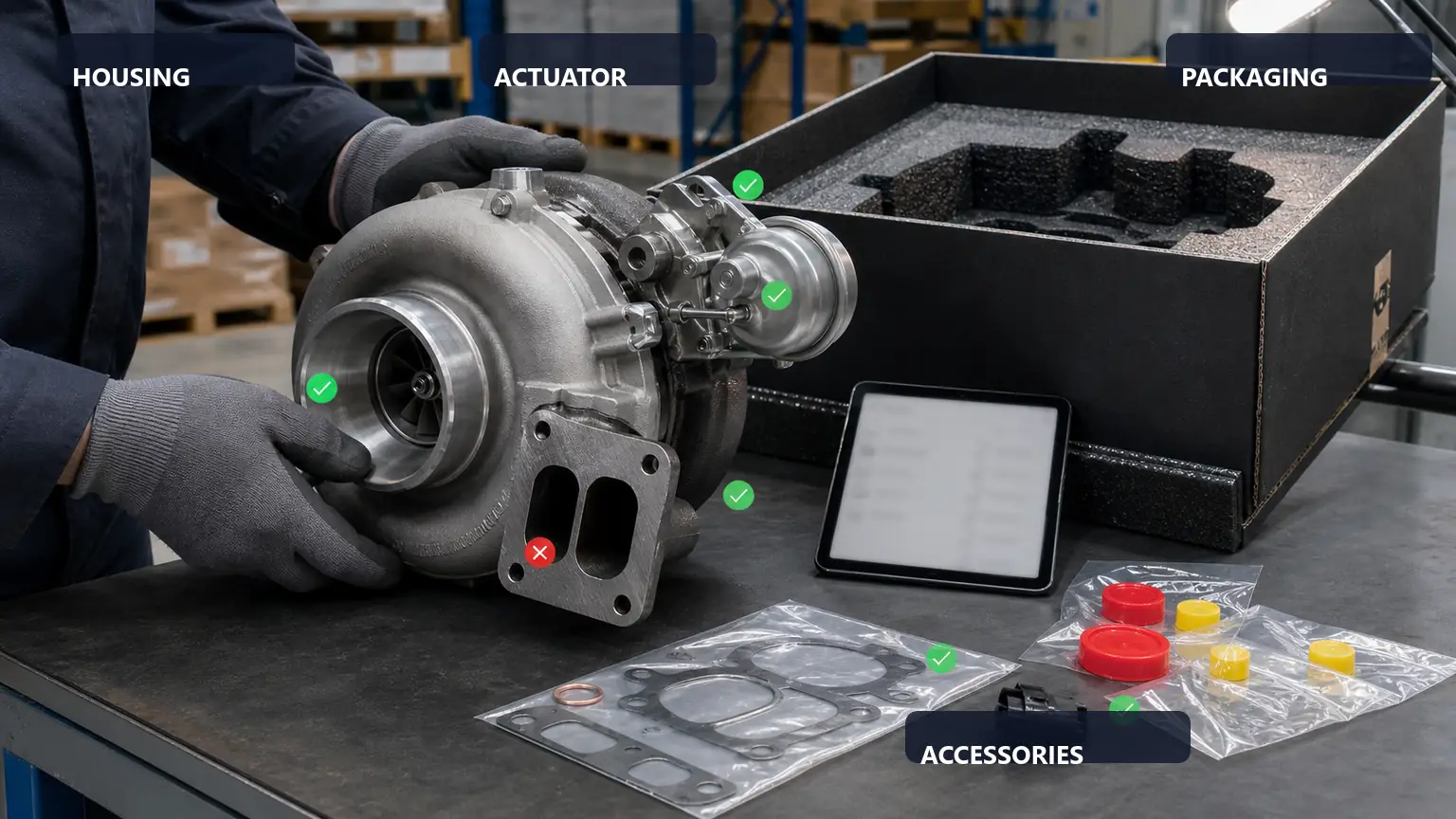 Incoming inspection points for a heavy-duty turbocharger before warehouse acceptance