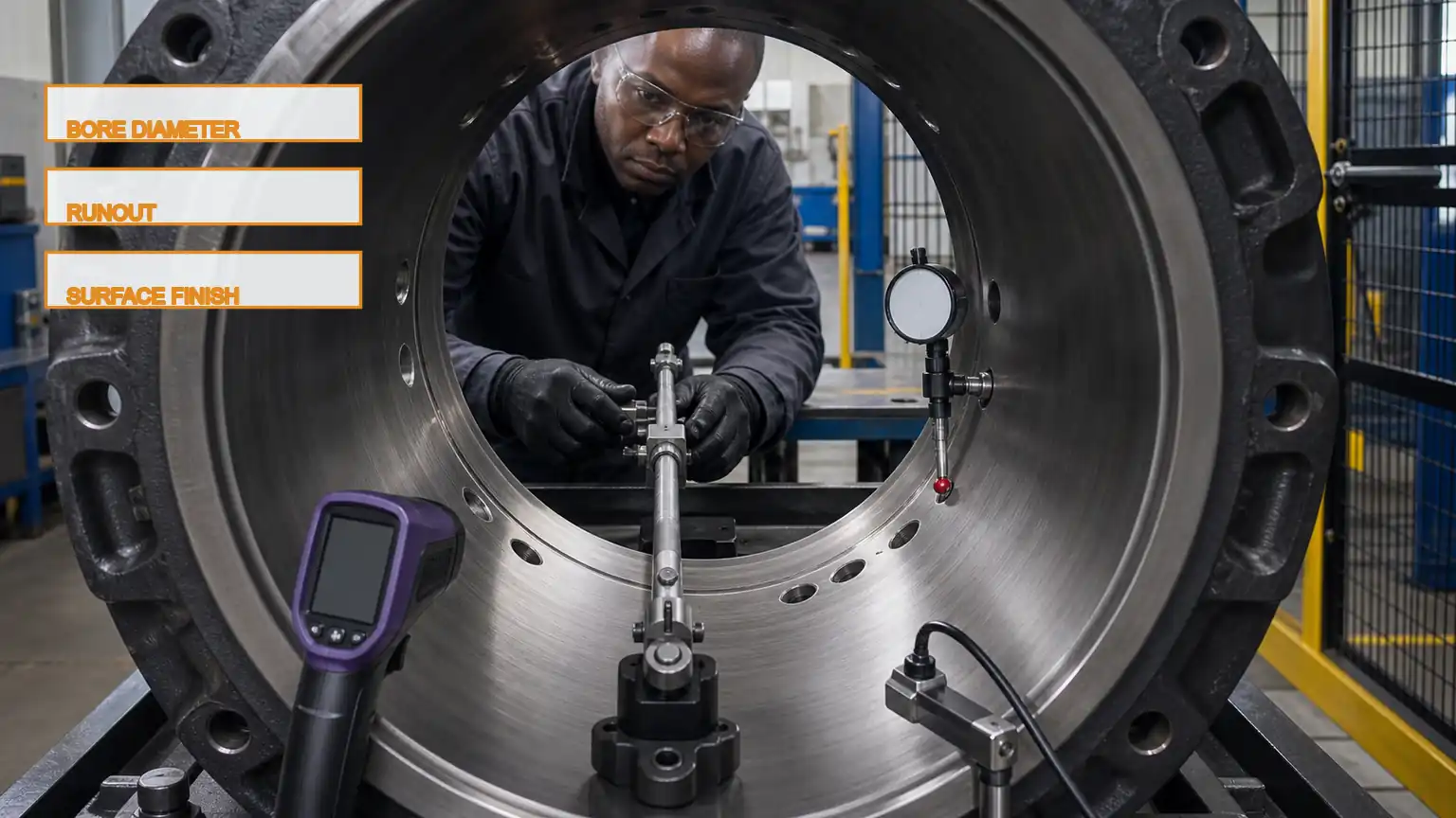 Heavy-duty brake drum undergoing static bore, runout, temperature, and surface-finish inspection.