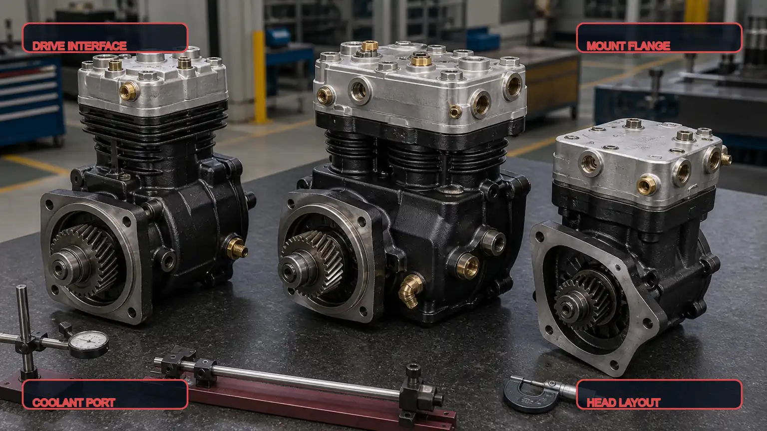 Three heavy-duty air brake compressor architectures compared by drive, flange, cooling, and cylinder-head interfaces in T&uuml;rkiye.