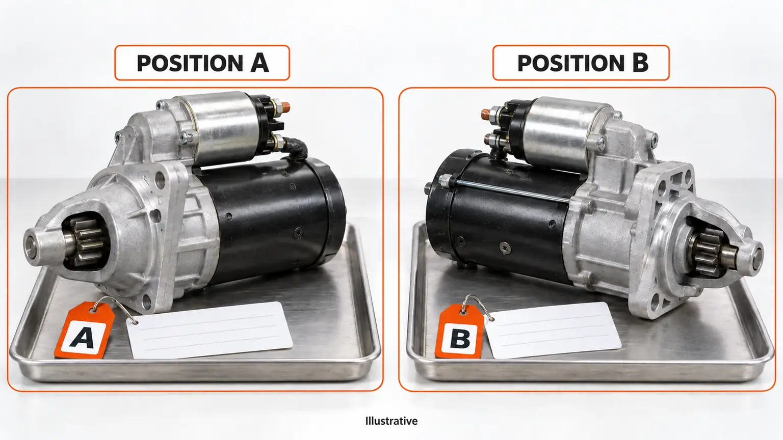 Two generic starter motors with separate A and B tags and individual identification cards.