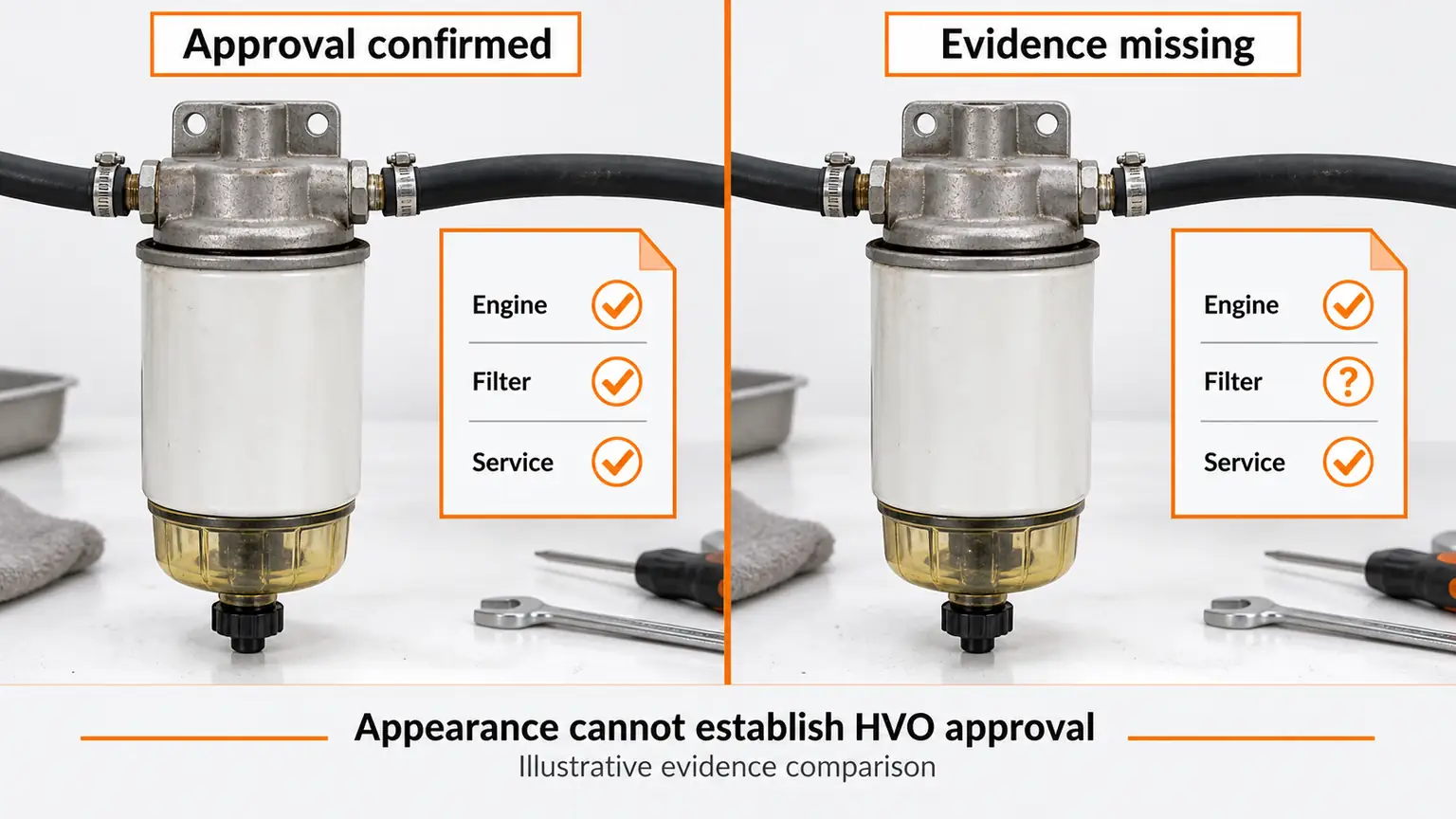 Illustrative comparison of an unchanged filter with confirmed or incomplete HVO application evidence