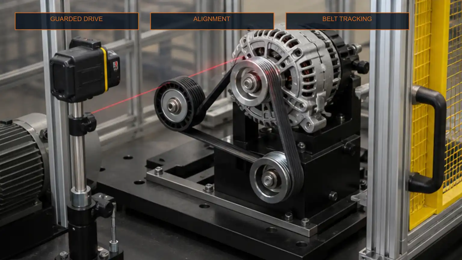 Alternator, belt, tensioner, and alignment tool operating on a guarded low-speed belt-tracking test rig.
