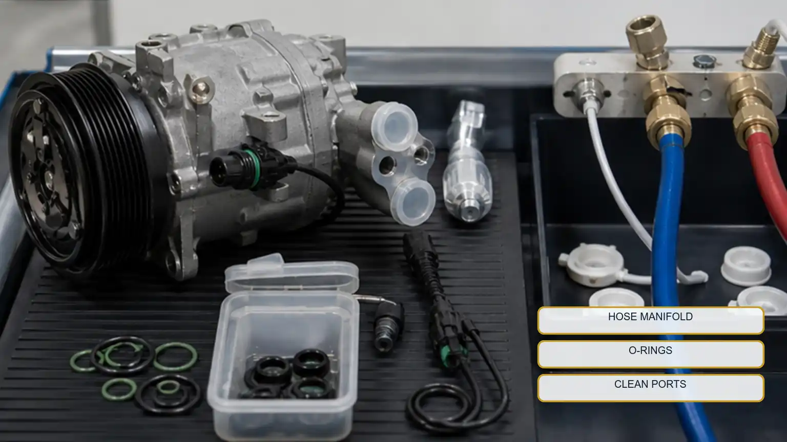 Heavy-duty A/C compressor trial-fit with the approved hose manifold, seals, connector, and protected ports.