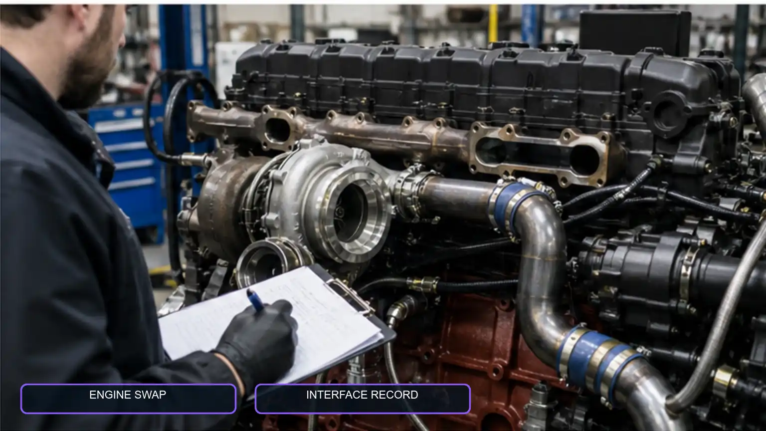 Technician documenting turbocharger, manifold, oil-line, and charge-air interfaces after a heavy-duty engine swap.