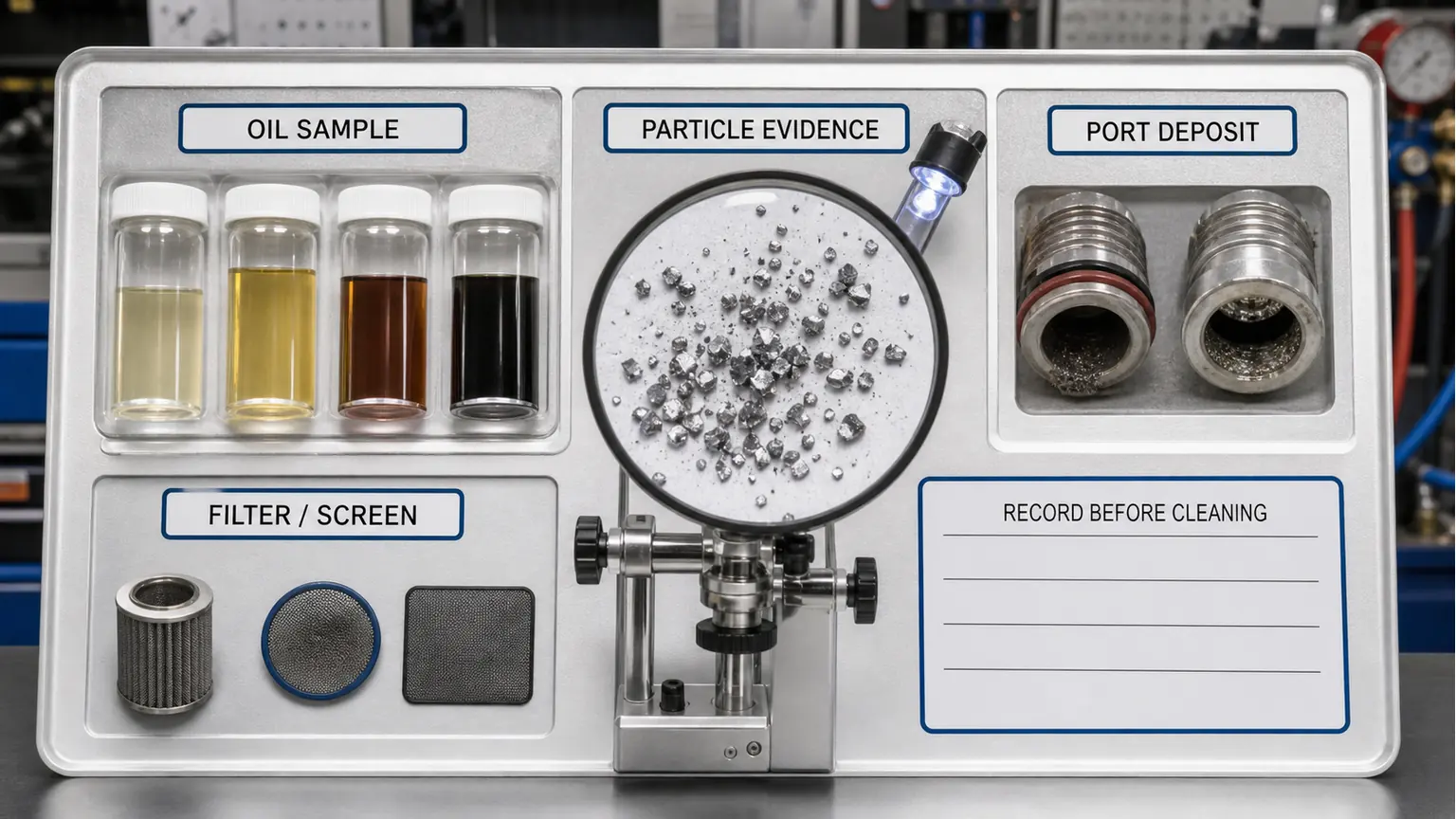 A/C contamination evidence board separating dark oil, visible metal particles, moisture concern and clean reference samples without a universal diagnosis