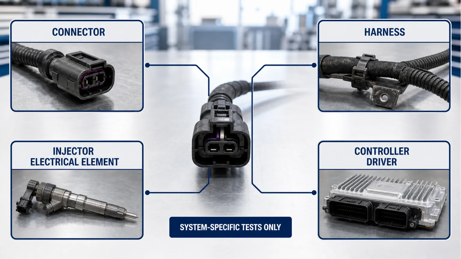 Albero di isolamento del circuito aperto dell'iniettore diesel che separa connettore, cablaggio, elemento elettrico dell'iniettore e percorsi del controller-driver