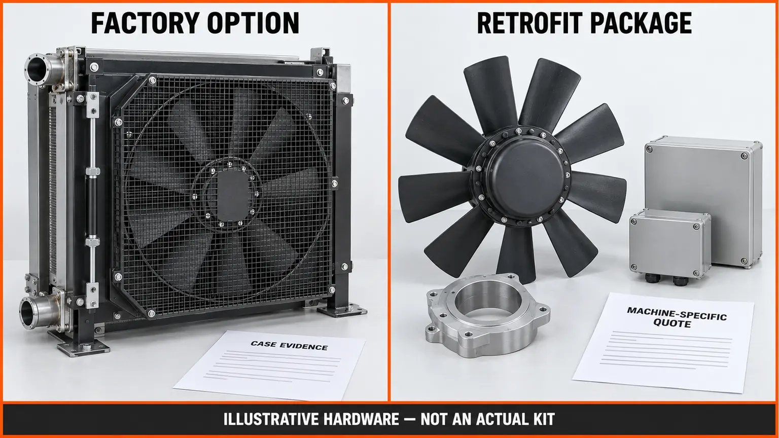 Illustrative comparison of a factory-installed cooling module and a separately quoted reversible-fan retrofit package.