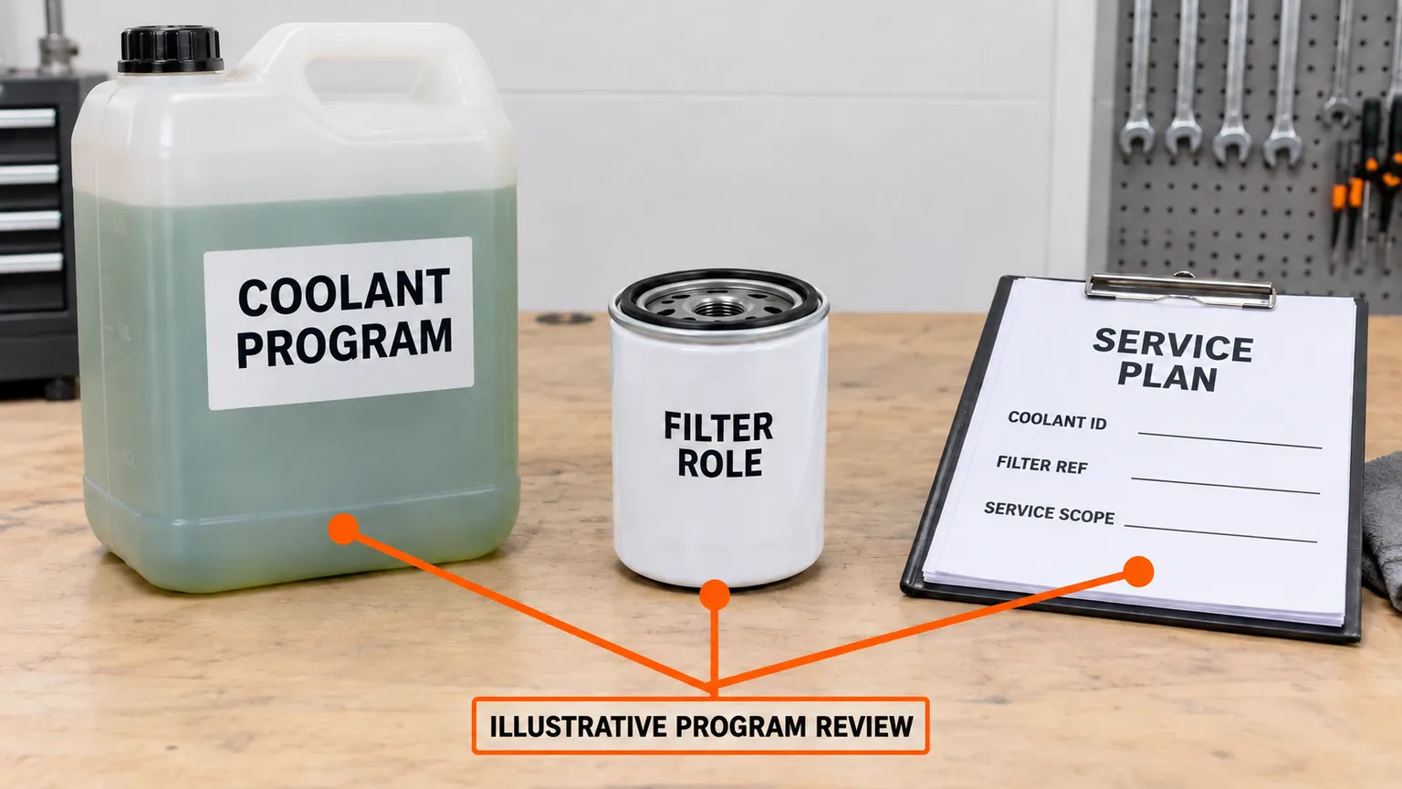 Illustrative relationship between the identified coolant program, the filter's chemical role and the planned service.