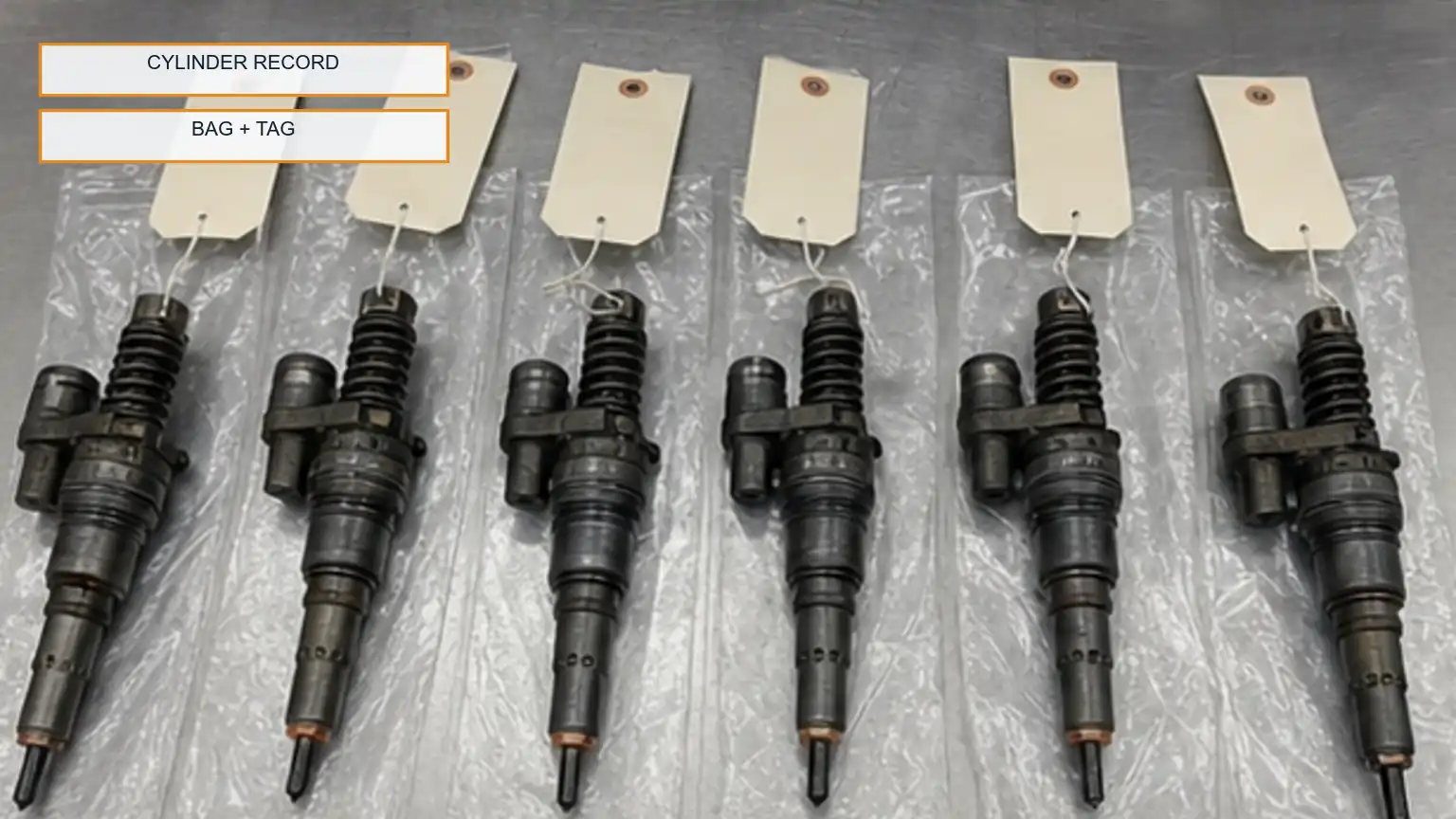 Six removed HEUI-style injectors isolated by cylinder on a clean bench for traceable diagnosis and contamination control.