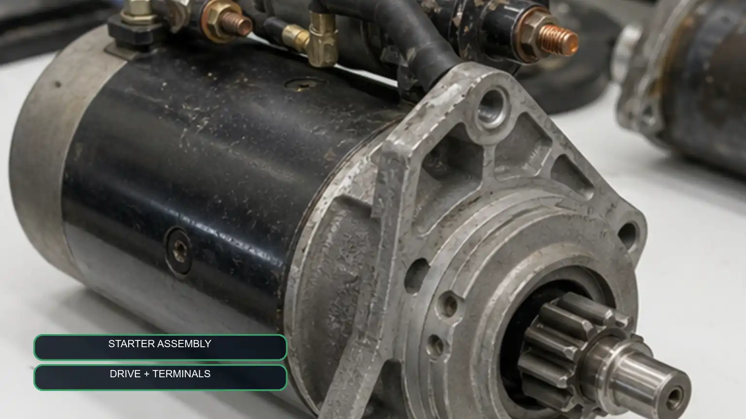 Removed heavy-duty starter motor on a bench with drive-end housing, pinion, solenoid, and power terminals fully visible.