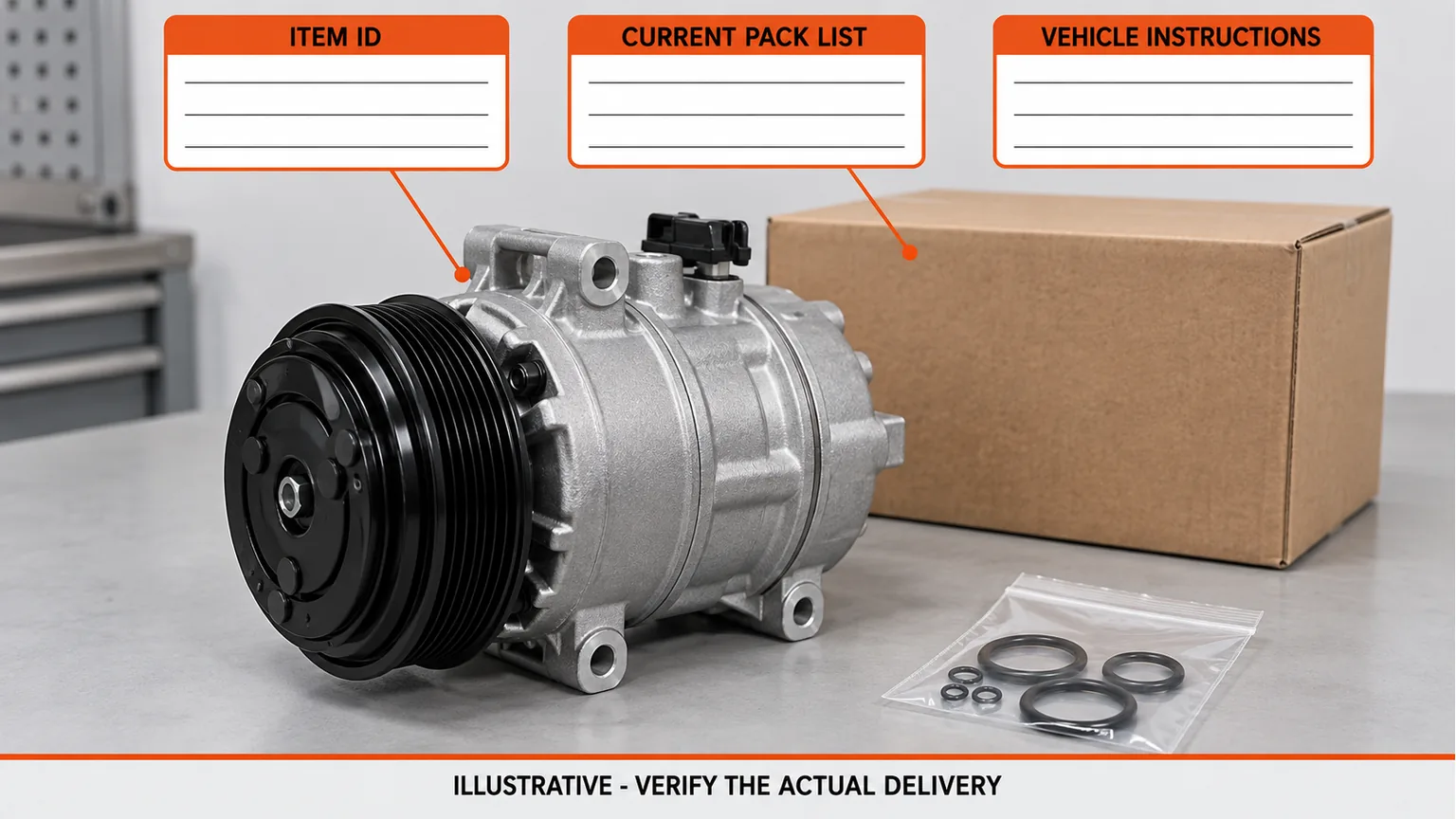 Illustrative compressor receiving scene separates item identity, the current pack list and vehicle installation instructions.